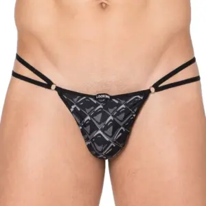 String noir à double ficelles, imprimé losanges, vue de face, tissu doux et élastique, design audacieux et sexy.