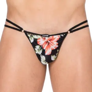 String noir à motifs floraux, double ficelles avec anneaux décoratifs, vue de face, tissu doux et élastique, sexy et confo...