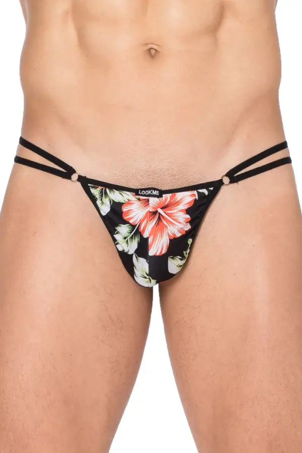 String noir à motifs floraux, double ficelles avec anneaux décoratifs, vue de face, tissu doux et élastique, sexy et confo...