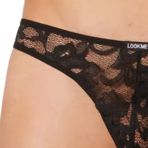 String noir en dentelle florale, vue latérale, élastique confortable, tissu léger et sexy pour un look audacieux.