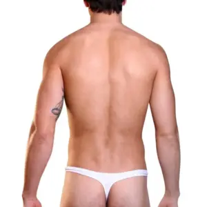 String noir opaque avec œillets latéraux, vue arrière, tissu polyamide élastique, design sexy et audacieux.