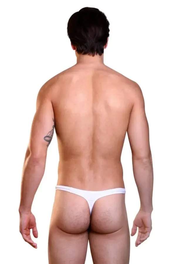 String noir opaque avec œillets latéraux, vue arrière, tissu polyamide élastique, design sexy et audacieux.