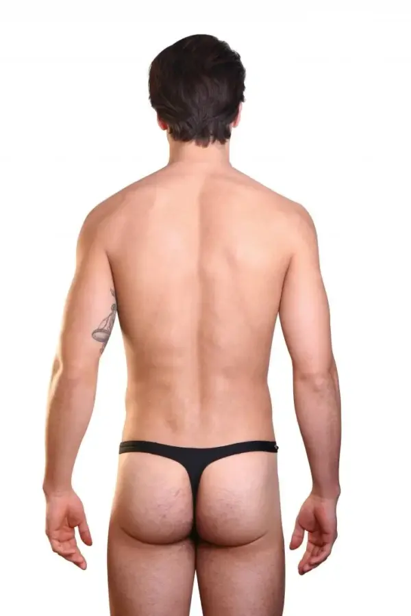 String noir opaque avec œillets latéraux, vue de dos, tissu polyamide élastique, design sexy et audacieux.