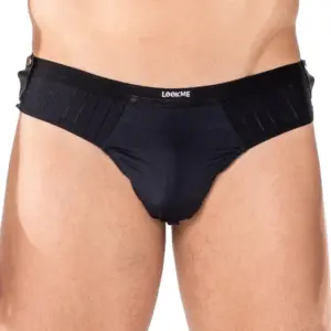 String noir pour homme avec boutons pressions, vue de face, en polyamide et spandex, design sexy et ajusté.