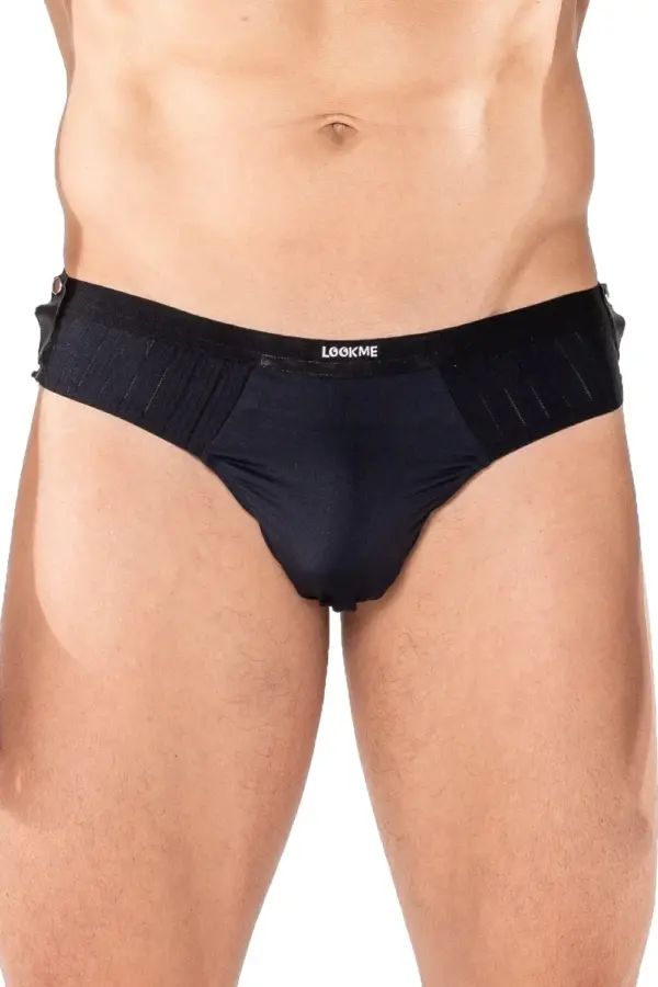 String noir pour homme avec boutons pressions, vue de face, en polyamide et spandex, design sexy et ajusté.