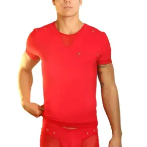 T-Shirt Homme Bi-Matière Transparent Opaque Œillets Métal Zip Torse Sexy