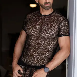 T-Shirt Homme Noir Transparent Filet Irrégulier Pour Soirées Séduction Été