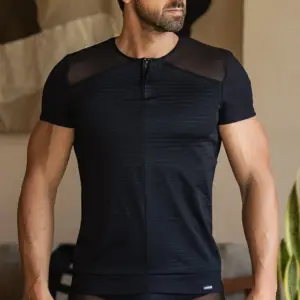 T-Shirt Homme Noir Transparent Maille Rayures Opaques Zip Sexy Soirées Strip-Tease