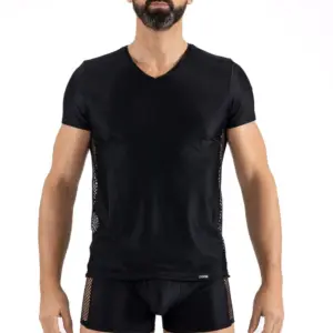 T-Shirt Noir Homme Résille Brodée Sexy Lookme Polyamide Élasthanne
