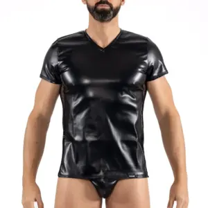 T-Shirt Noir Homme Simili Cuir Résille Brodée Lookme Black Désire