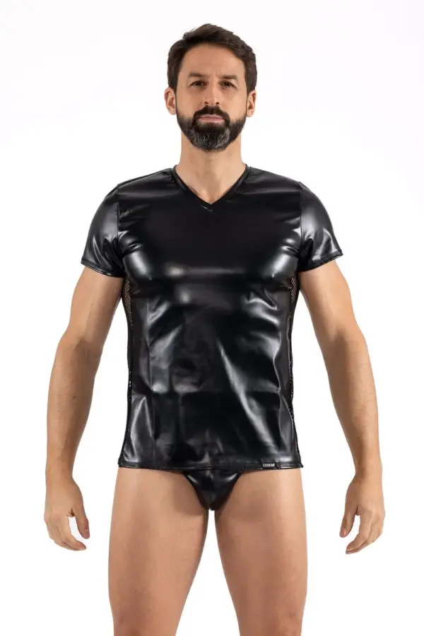 T-Shirt Noir Homme Simili Cuir Résille Brodée Lookme Black Désire