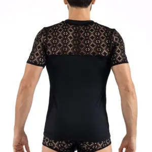 T-Shirt Noir Résille Brodée Asymétrique Homme Lookme Sensualité Moderne