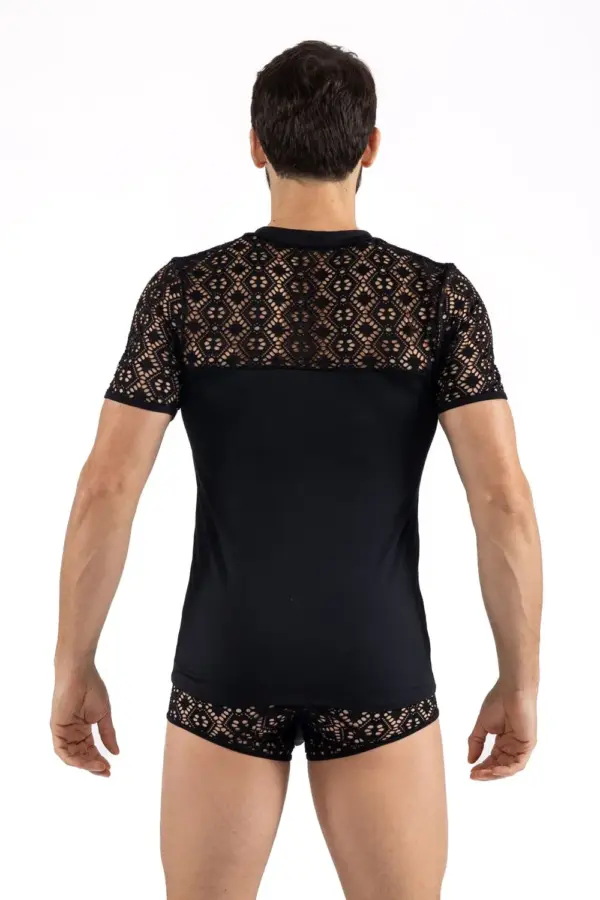 T-Shirt Noir Résille Brodée Asymétrique Homme Lookme Sensualité Moderne