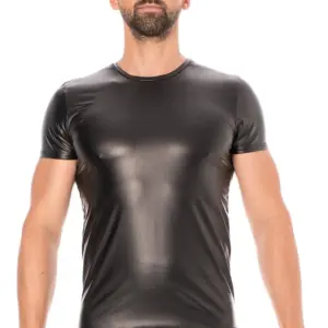 T-Shirt Noir Simili Cuir Homme Style Viril Dominant Look Sexy Fantasy