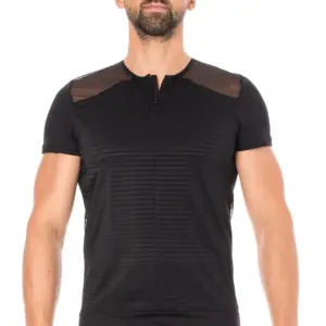 T-shirt noir en maille transparente avec rayures opaques et zip, vue de face, style sexy pour soirées audacieuses.