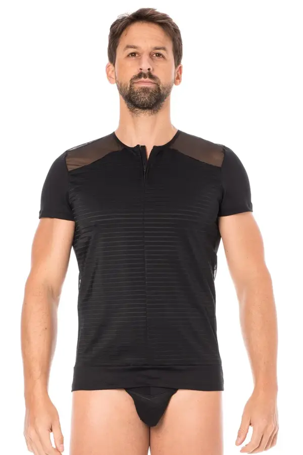 T-shirt noir en maille transparente avec rayures opaques et zip, vue de face, style sexy pour soirées audacieuses.