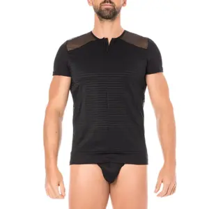 T-shirt noir en maille transparente avec rayures opaques et zip, vue de face, style audacieux pour soirées sexy.