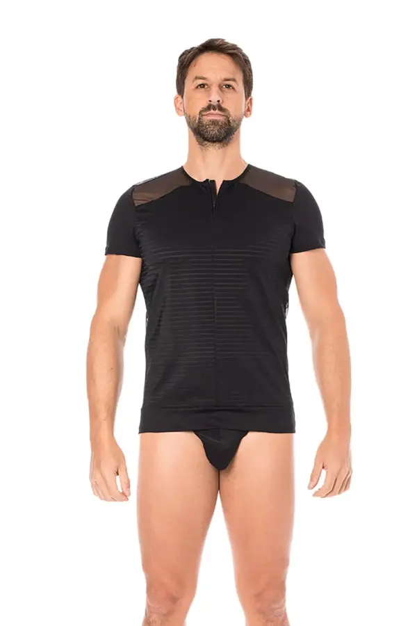 T-shirt noir en maille transparente avec rayures opaques et zip, vue de face, style audacieux pour soirées sexy.