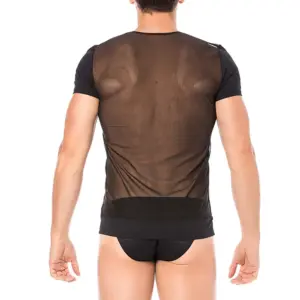 T-shirt noir en maille transparente avec rayures opaques, vue de dos, zip sexy et coupe ajustée.