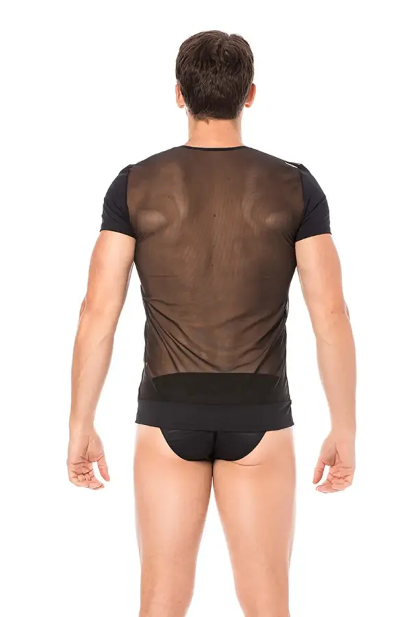 T-shirt noir en maille transparente avec rayures opaques, vue de dos, zip sexy et coupe ajustée.