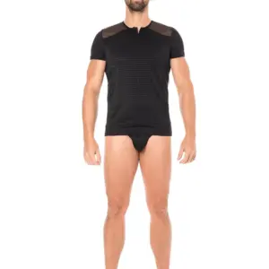 T-shirt noir en maille transparente avec rayures opaques, zip devant, vue de face, style sexy et audacieux.