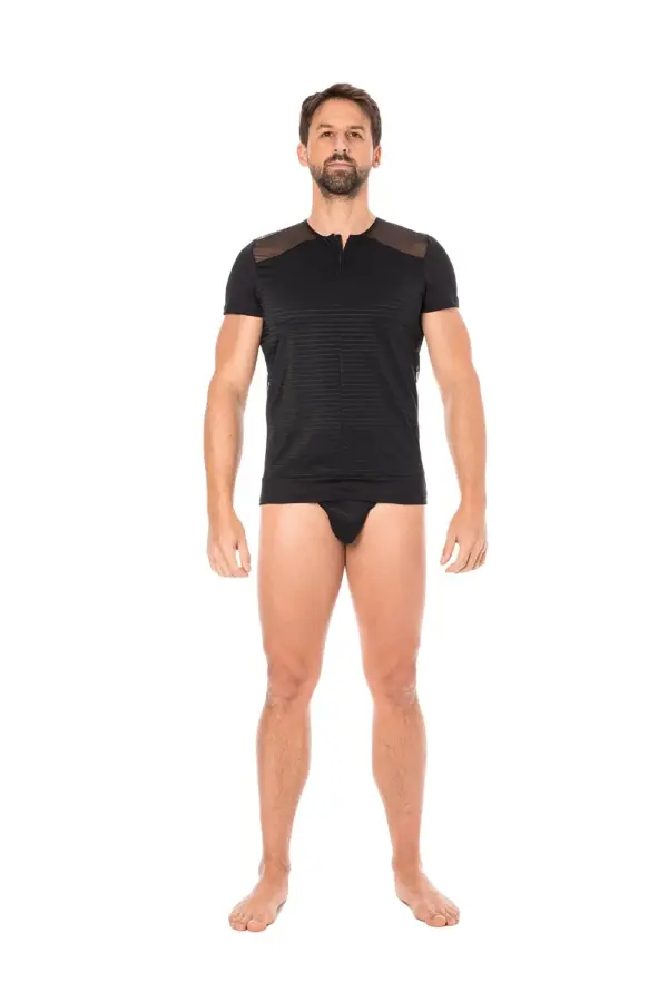 T-shirt noir en maille transparente avec rayures opaques, zip devant, vue de face, style sexy et audacieux.