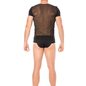 T-shirt noir en maille transparente, rayures opaques, zip sexy, vue de dos, idéal pour soirées audacieuses.