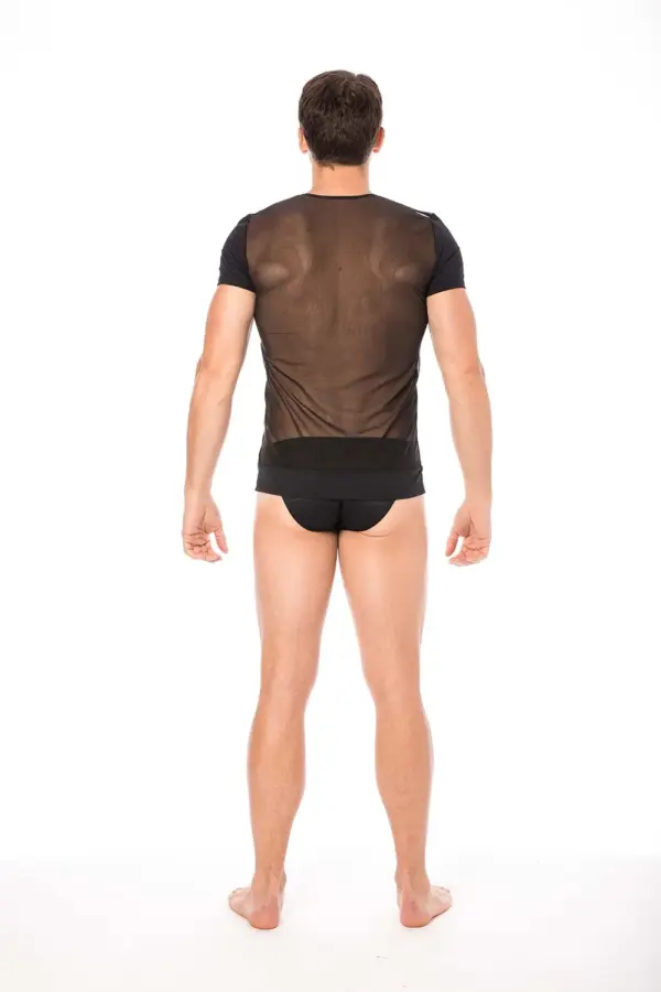 T-shirt noir en maille transparente, rayures opaques, zip sexy, vue de dos, idéal pour soirées audacieuses.