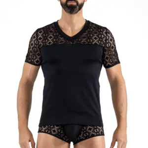 T-shirt noir en résille brodée, manches ajourées, vue de face, style audacieux et moderne pour homme.