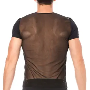 T-shirt noir transparent en maille avec rayures opaques, vue de dos, coupe ajustée et zip sexy pour soirées audacieuses.