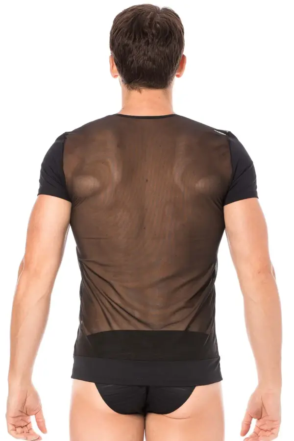 T-shirt noir transparent en maille avec rayures opaques, vue de dos, coupe ajustée et zip sexy pour soirées audacieuses.
