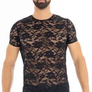 Tee Shirt Dentelle Noire Homme Élégant Extensible Polyester Élasthanne Confort
