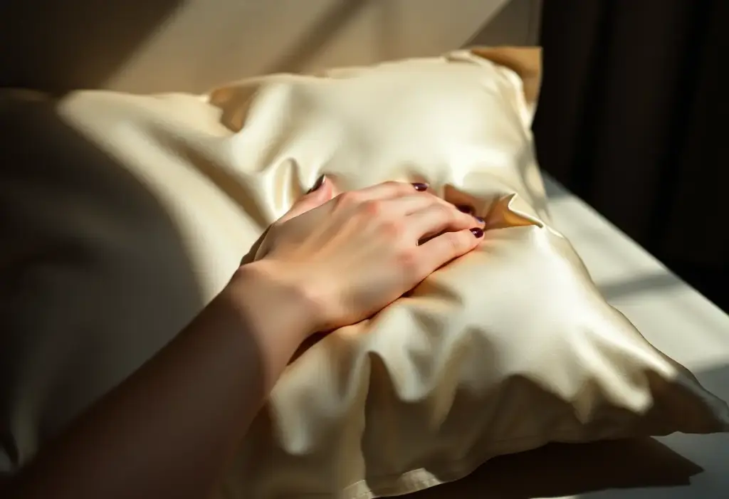 Main de femme sur oreiller en soie