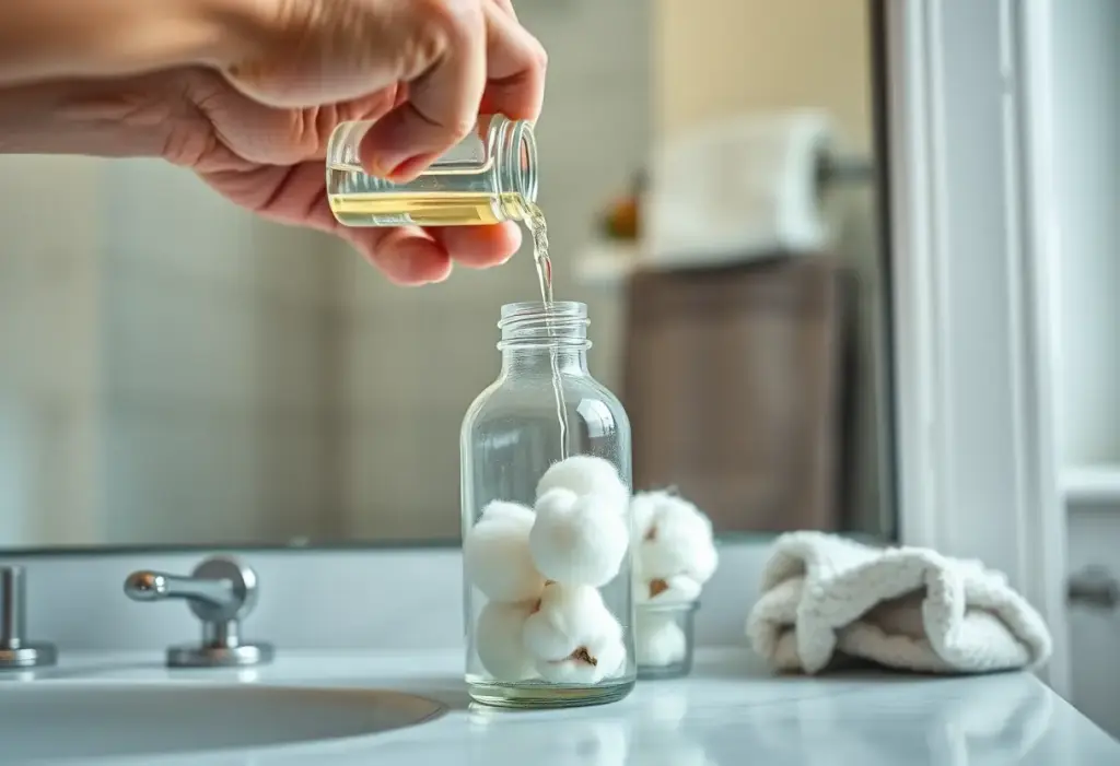 Un homme verse un liquide clair dans une bouteille sur un comptoir de salle de bains