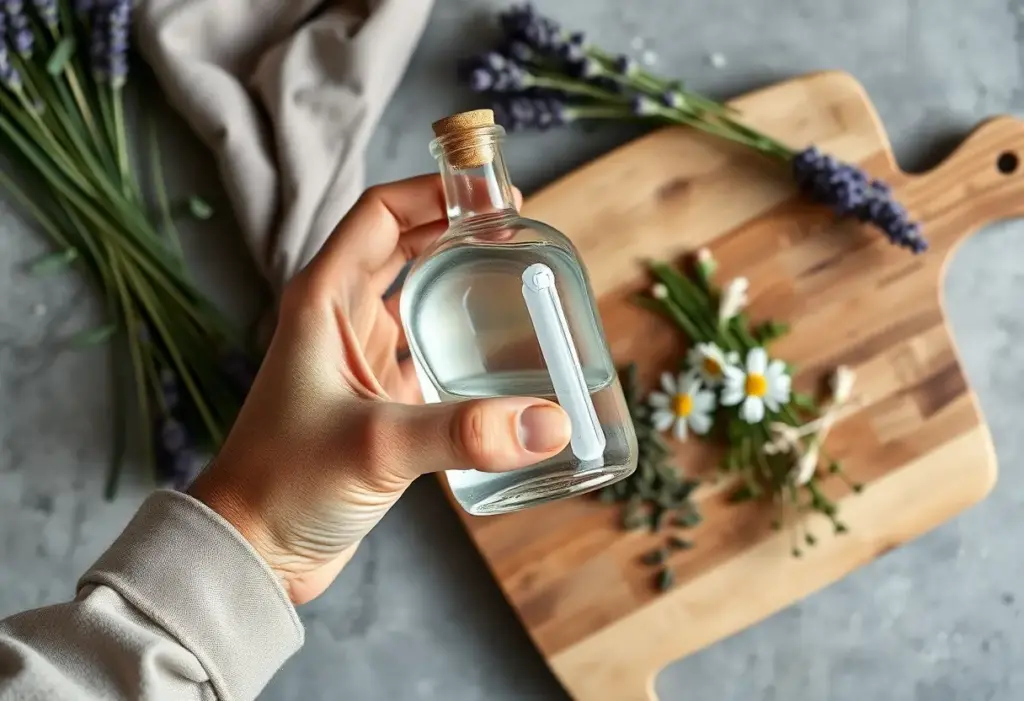 Une main tenant une bouteille avec un liquide clair près d'une planche à découper avec des herbes