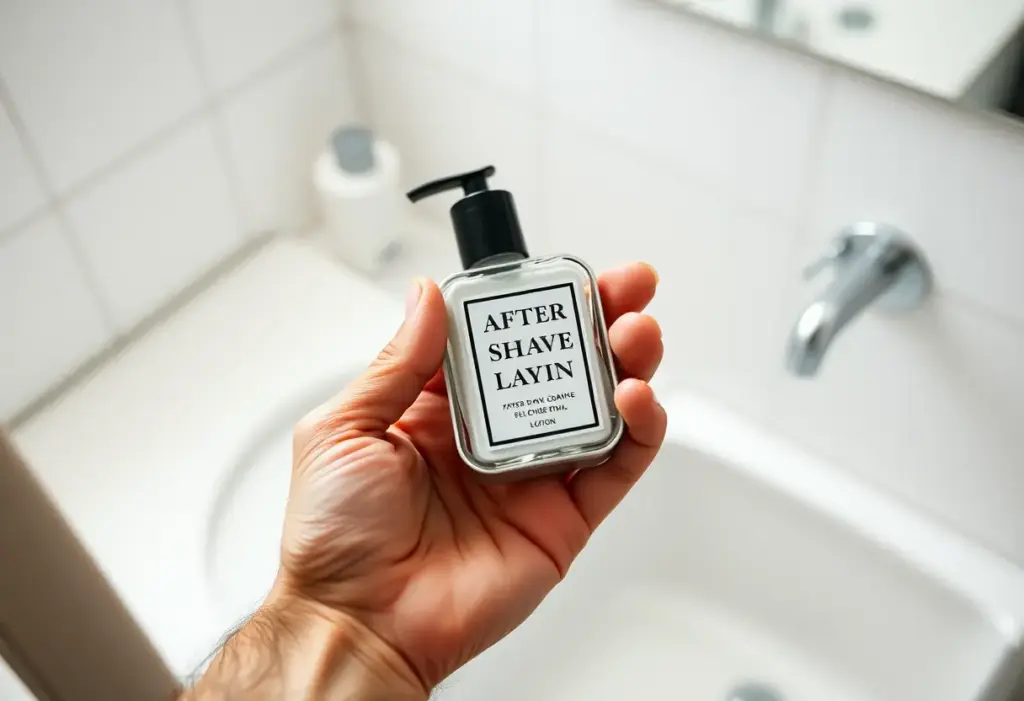 Une main tenant un petit contenant métallique d'après-rasage dans une salle de bain