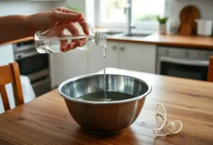 Une main verse un liquide clair dans un bol métallique posé sur une table en bois