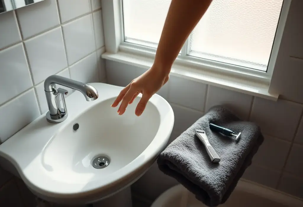 Une main prend une savonnette dans un lavabo en porcelaine blanche, près d'un rasoir utilisé.