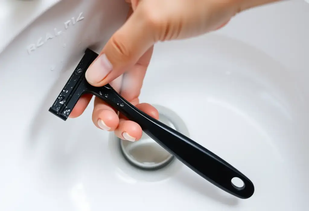 Une main tenant un rasoir en plastique noir sur un lavabo en céramique, l'eau accentuant la clarté de la peau