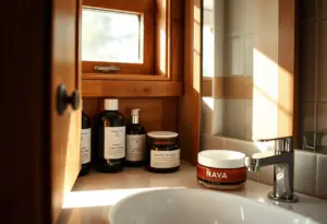 Un meuble de salle de bains contenant divers produits de soins de peau