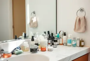 Un comptoir de salle de bains chargé de produits de soins de peau pour hommes