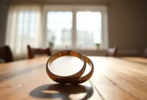 Anneaux métalliques entrelacés sur une table, symbole de la relation intime