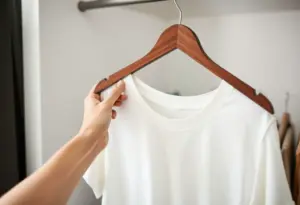 Main de bois avec T-shirt plié dans une armoire bien organisée