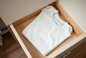 Des mains repliant un tee-shirt en coton dans un tiroir de commode