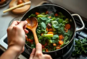Une main qui remue des légumes cuits sur une cuisinière, illustrant l'importance de l'alimentation saine