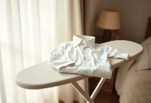 Un planche à repasser dans une chambre, garnie d'une chemise bien ajustée