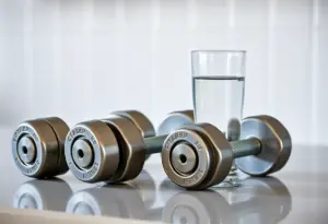 Un plan de travail de cuisine présente des haltères métalliques bien rangés près d'un verre d'eau, illustrant la préparation avant l'effort