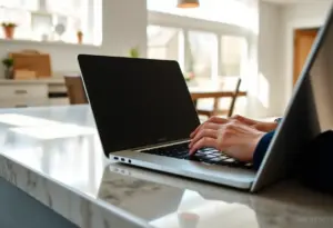 Des mains tapant sur un clavier d'ordinateur portable dans une cuisine lumineuse