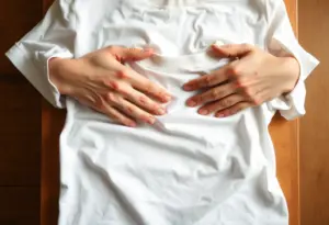 Des mains replient avec soin un tee-shirt en coton sur une commode en bois, mettant en valeur la texture du vêtement