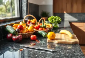Un plan de travail de cuisine avec des fruits et légumes rangés dans des bols et paniers